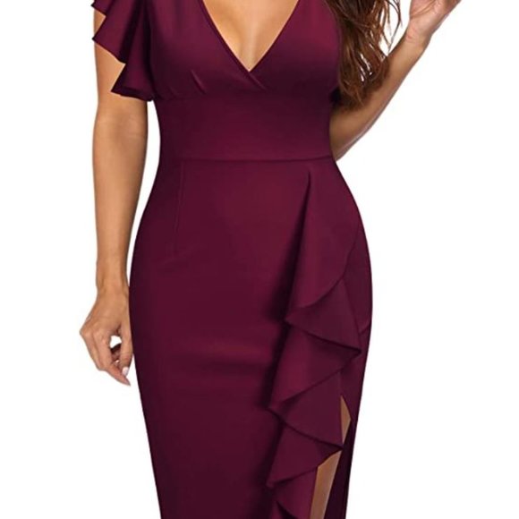 Wine Dress V-Neck with Ruffle Split - Picture 1 of 3